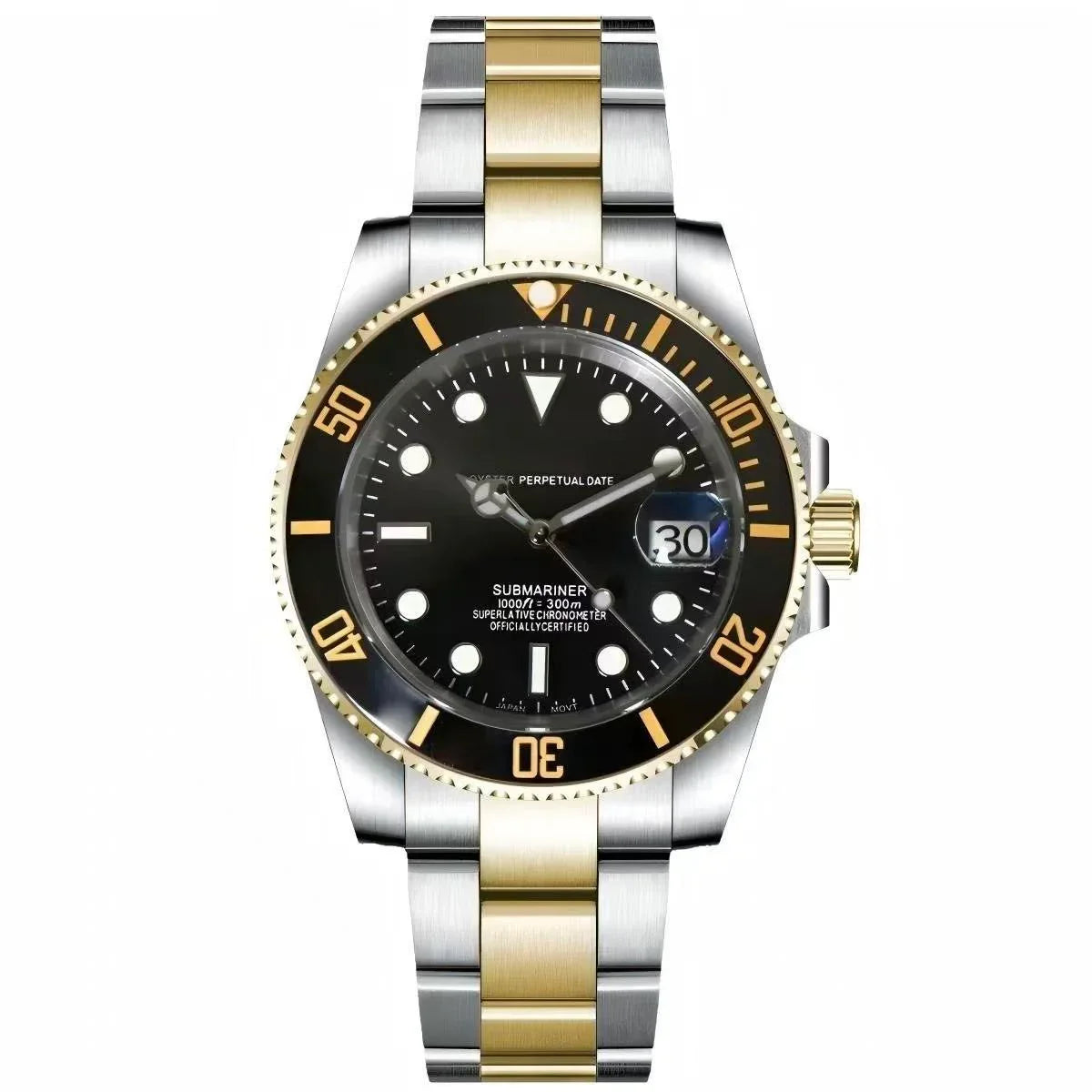 Luxury two-tone dive watch with black bezel, black dial, gold and silver metal strap