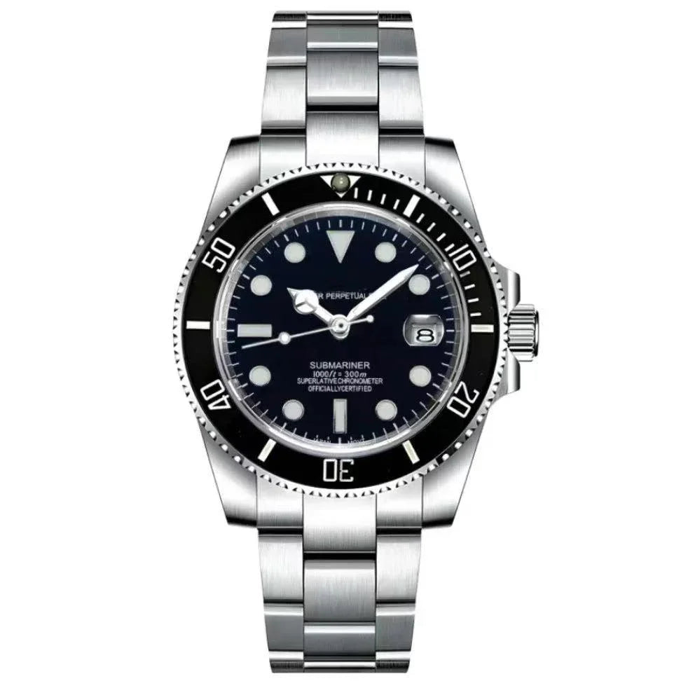 Stainless steel dive watch with black bezel, date display, and luminous hour markers
