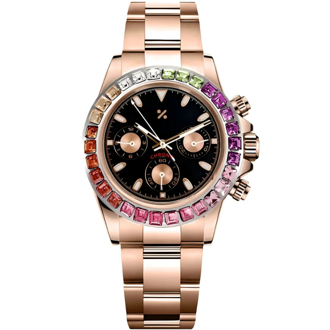Rose gold chronograph watch with black dial and rainbow gemstone bezel