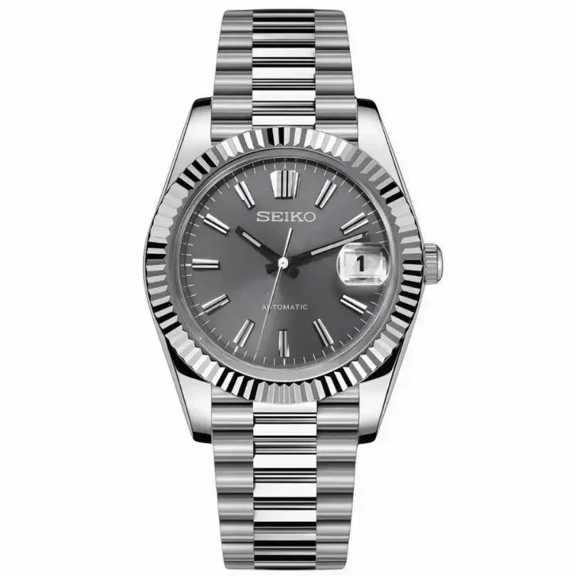 Seiko automatic watch with grey dial, fluted bezel, and stainless steel bracelet