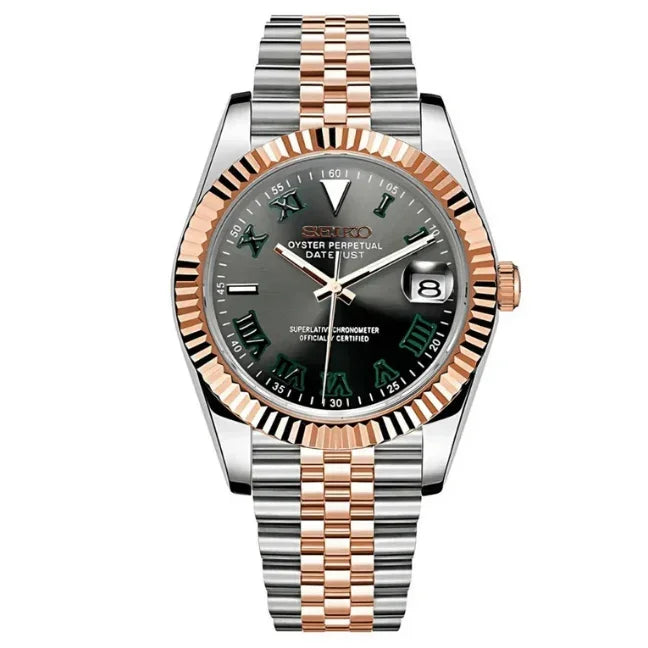 Two-tone Seiko mod watch with Roman numerals, fluted bezel, and date display on jubilee bracelet