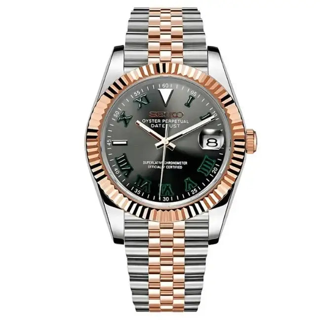 Two-tone Seiko mod watch with Roman numerals, fluted bezel, and date display on jubilee bracelet