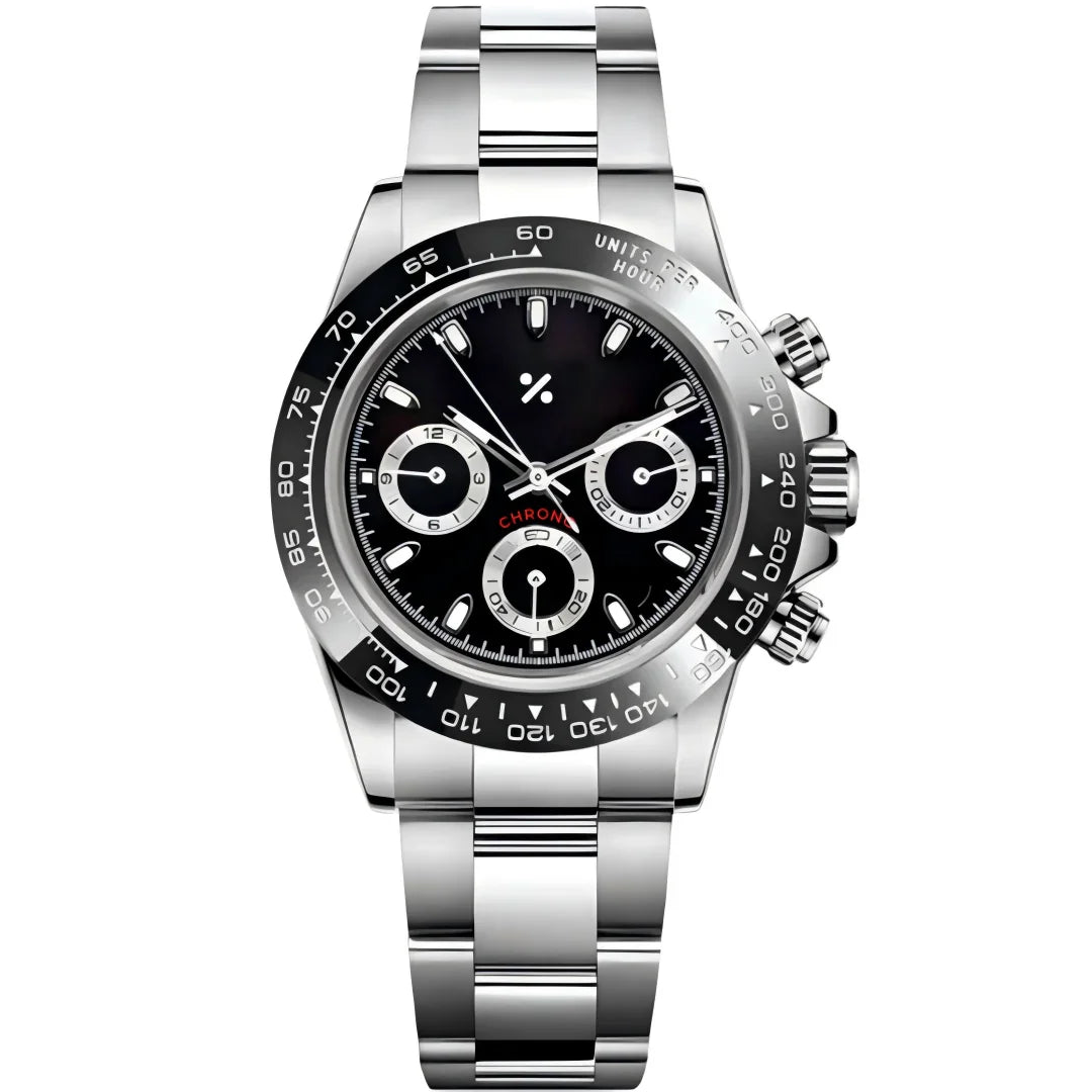 Stainless steel chronograph watch with black panda dial and silver subdials