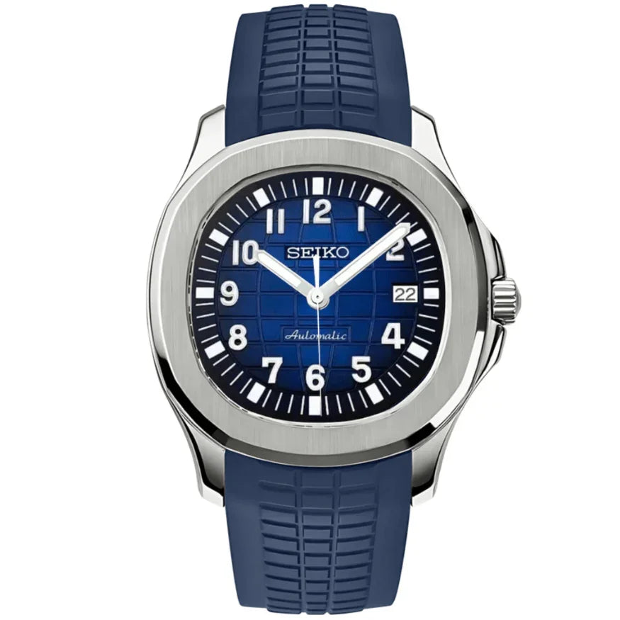 Blue and black grid dial automatic wristwatch with blue textured rubber strap and date display