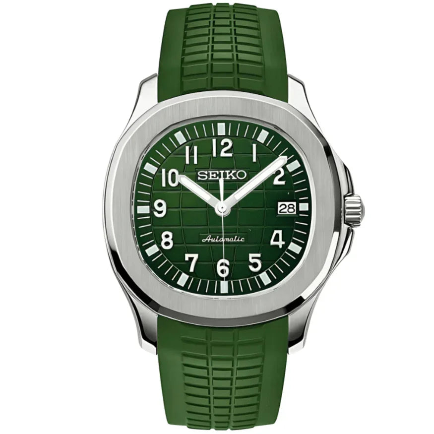 Green Seiko mod watch with silver case, green textured dial, and rubber strap, automatic movement