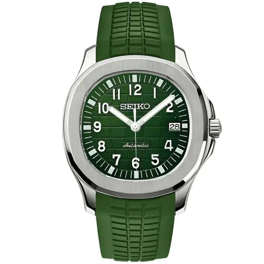 Green Seiko mod watch with silver case, green textured dial, and rubber strap, automatic movement