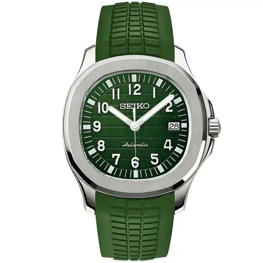 Green Seiko mod watch with silver case, green textured dial, and rubber strap, automatic movement