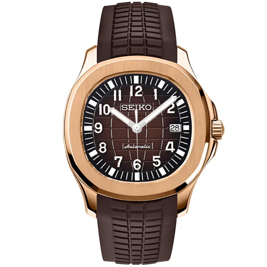 Rose gold Seiko mod watch with brown dial, grid pattern, and black rubber strap