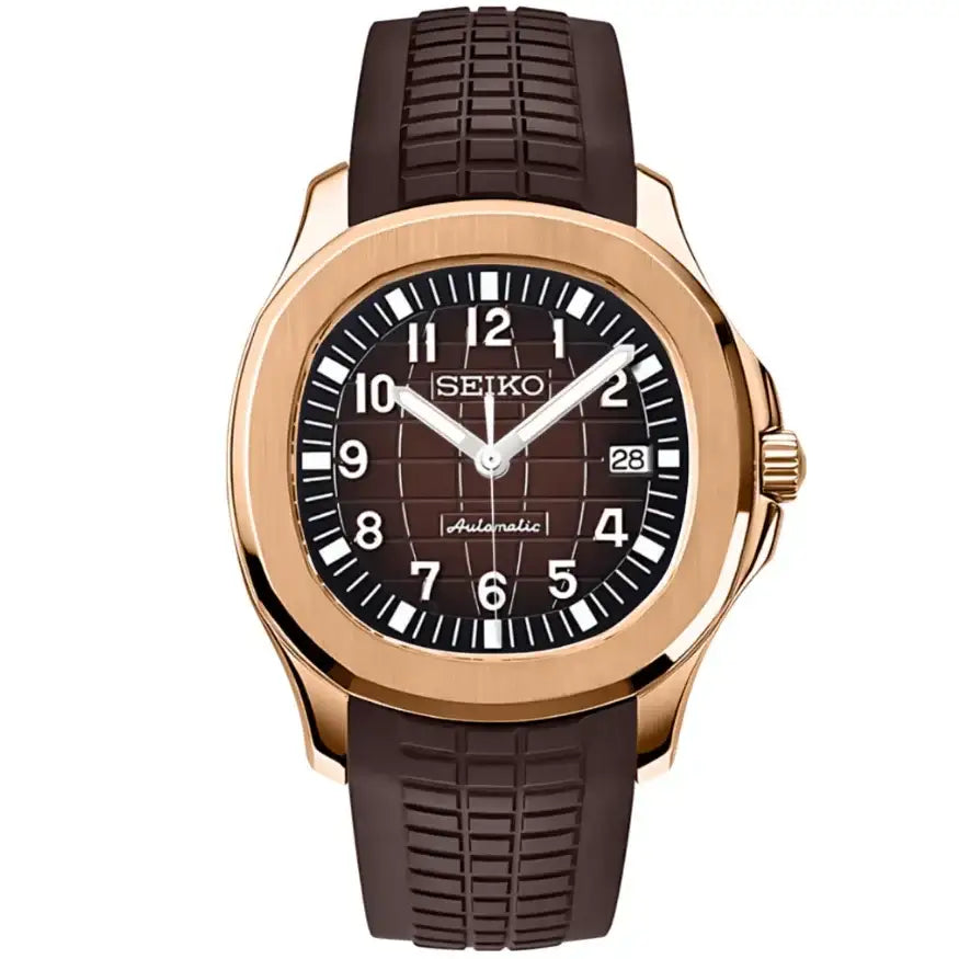 Rose gold Seiko mod watch with brown dial, grid pattern, and black rubber strap