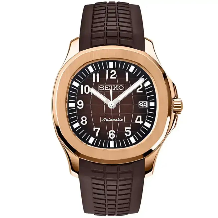 Rose gold Seiko mod watch with brown dial, grid pattern, and black rubber strap
