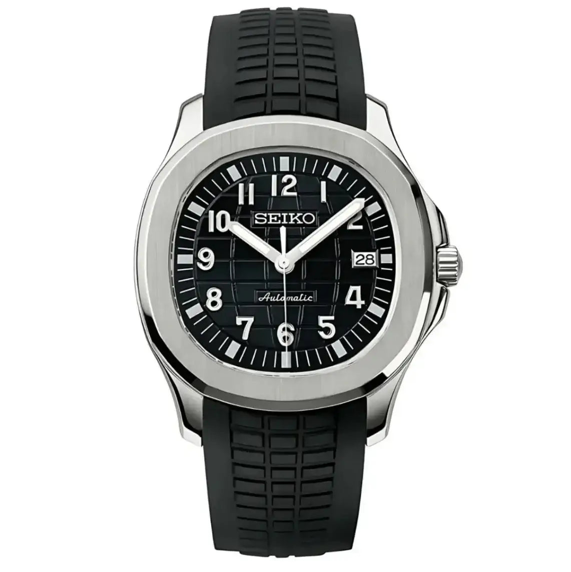 Black Seiko mod watch with automatic movement, textured dial, and black rubber strap.
