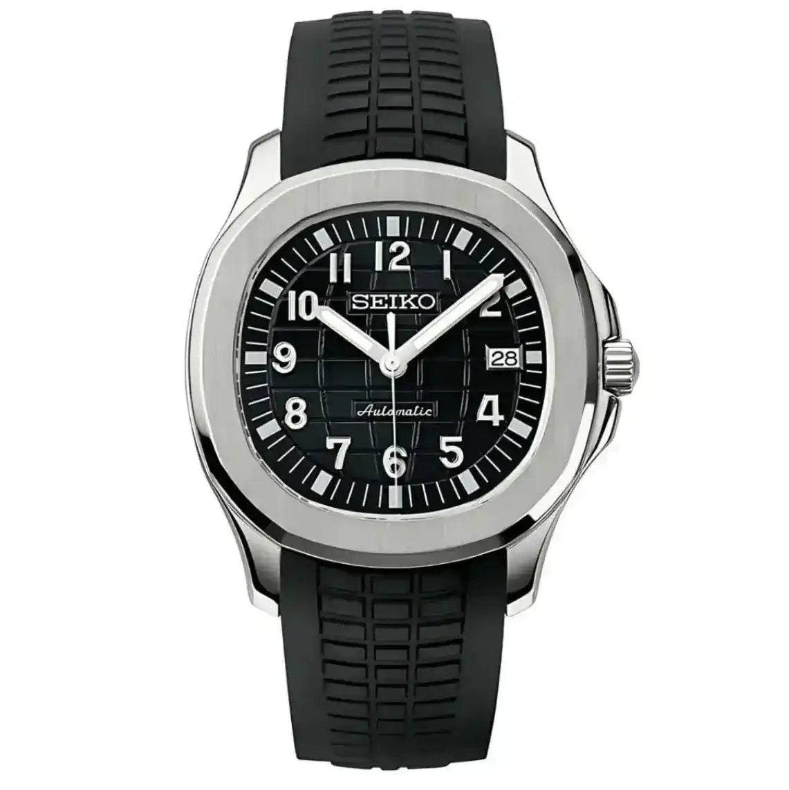Black Seiko mod watch with automatic movement, textured dial, and black rubber strap.