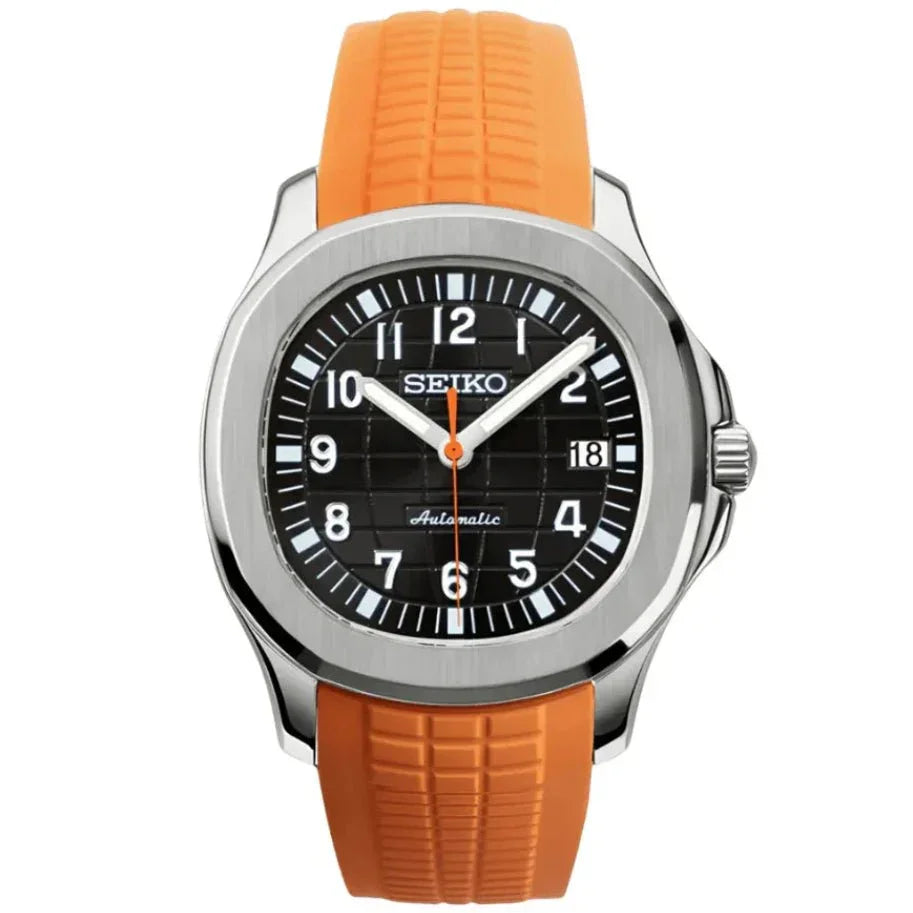 Seiko mod watch with black dial, orange rubber strap, luminous hands, and date display