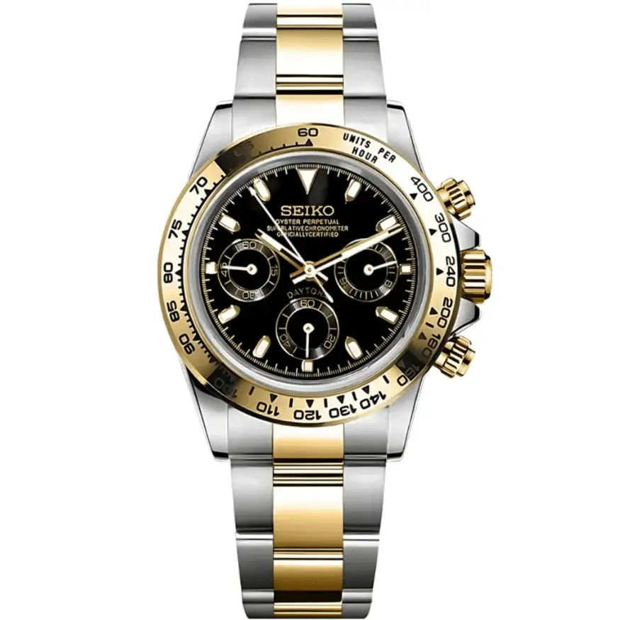 Two-tone Seiko mod watch with black panda dial, gold and silver stainless steel bracelet