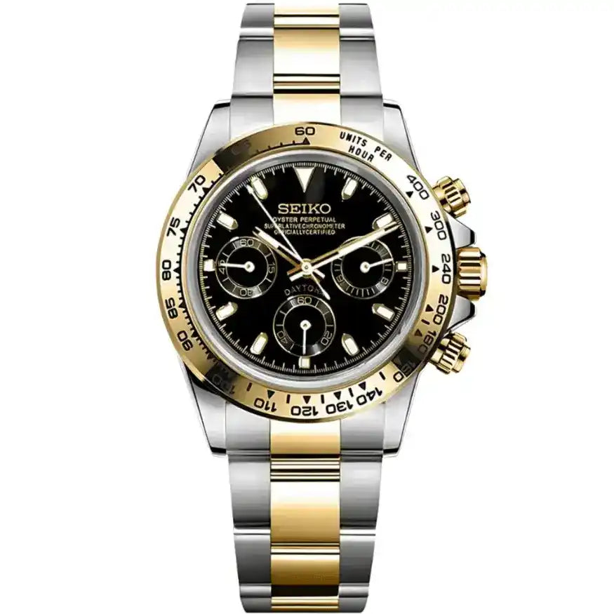 Two-tone Seiko mod watch with black panda dial, gold and silver stainless steel bracelet