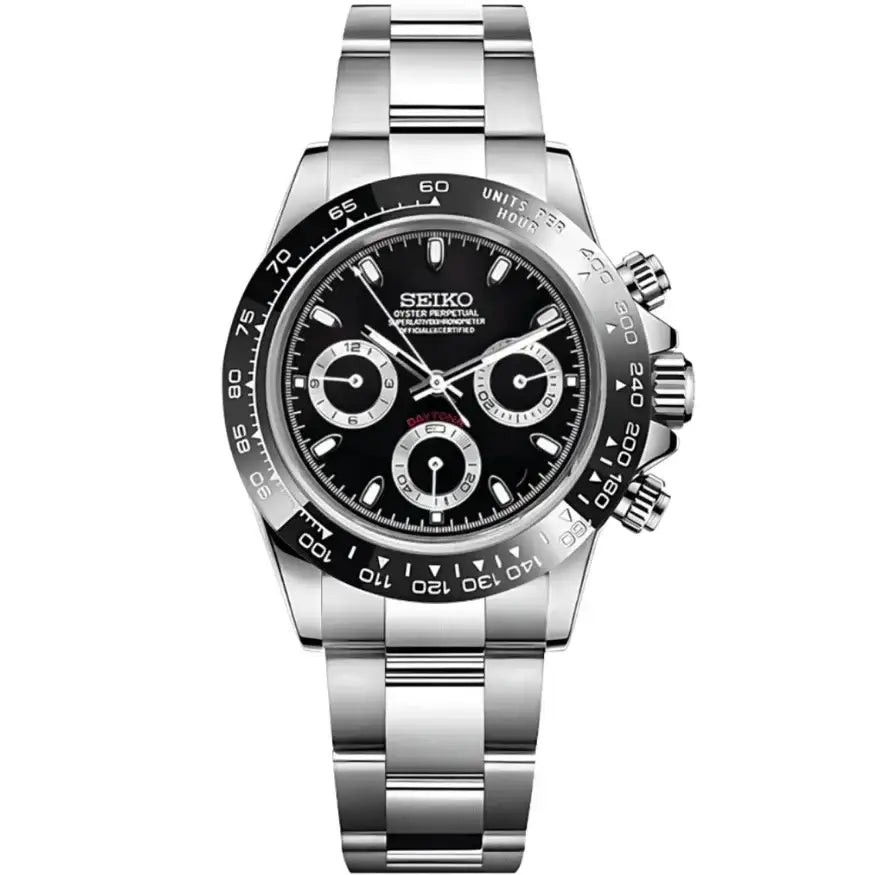 Seiko mod VK63 chronograph watch with black panda dial and stainless steel bracelet
