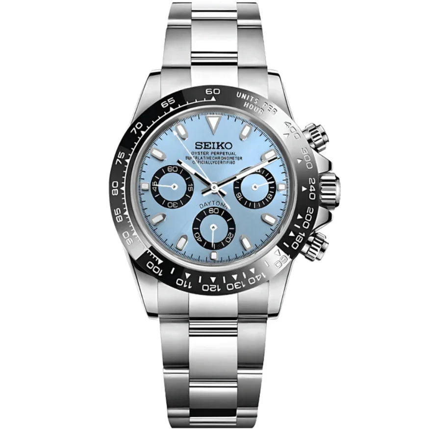 Seiko mod watch with ice blue dial, black subdials, and stainless steel bracelet