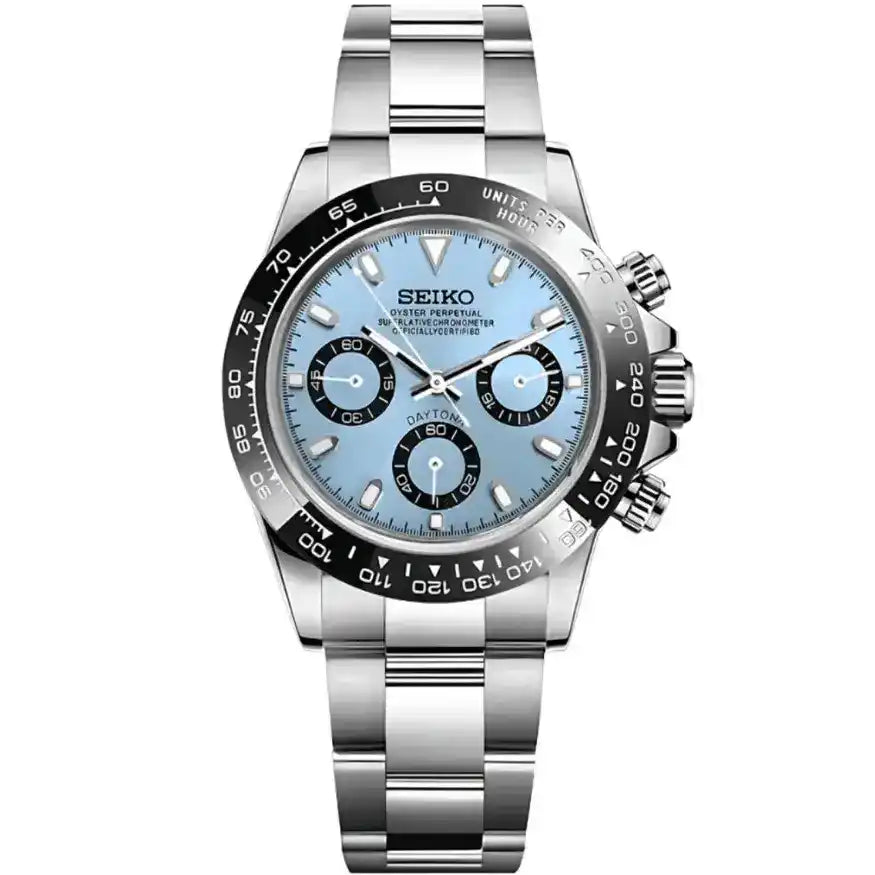 Seiko mod watch with ice blue dial, black subdials, and stainless steel bracelet