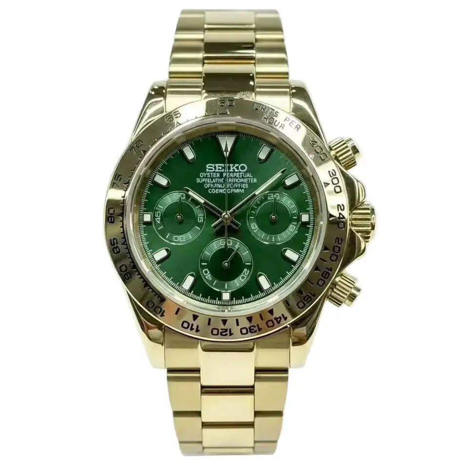 Gold Seiko mod VK63 chronograph watch with green dial and stainless steel bracelet