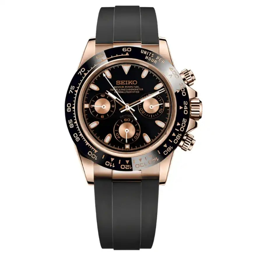 Rose gold Seiko mod chronograph watch with black dial and black rubber strap