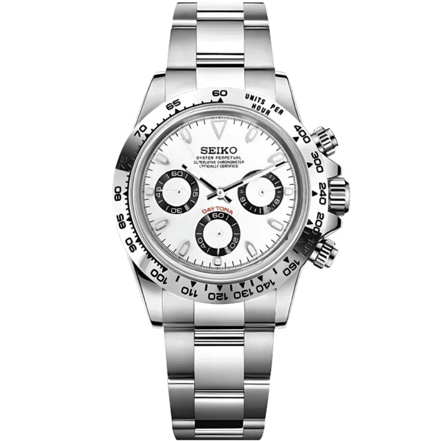 Silver Seiko mod VK63 chronograph watch with panda dial and stainless steel bracelet