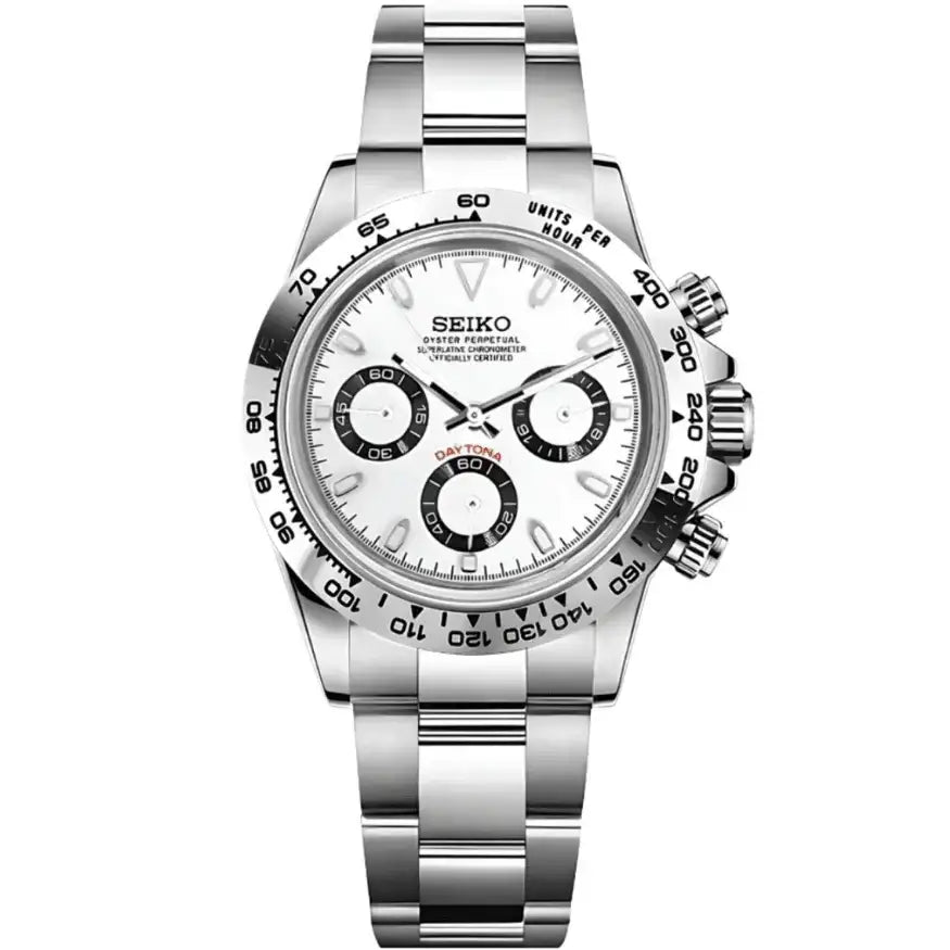 Silver Seiko mod VK63 chronograph watch with panda dial and stainless steel bracelet