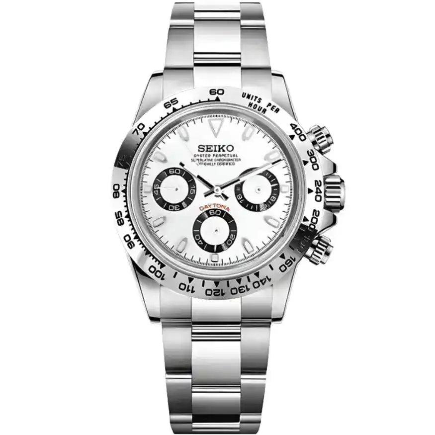 Silver Seiko mod VK63 chronograph watch with panda dial and stainless steel bracelet