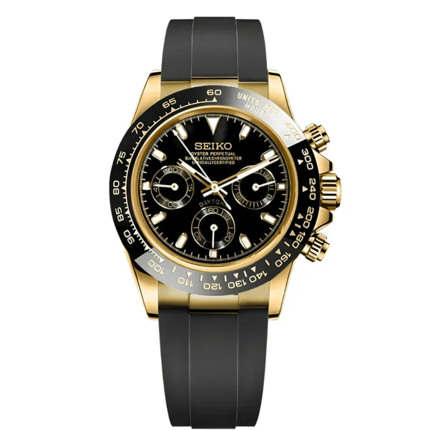 Gold and black Seiko mod chronograph watch with black rubber strap and sapphire crystal.