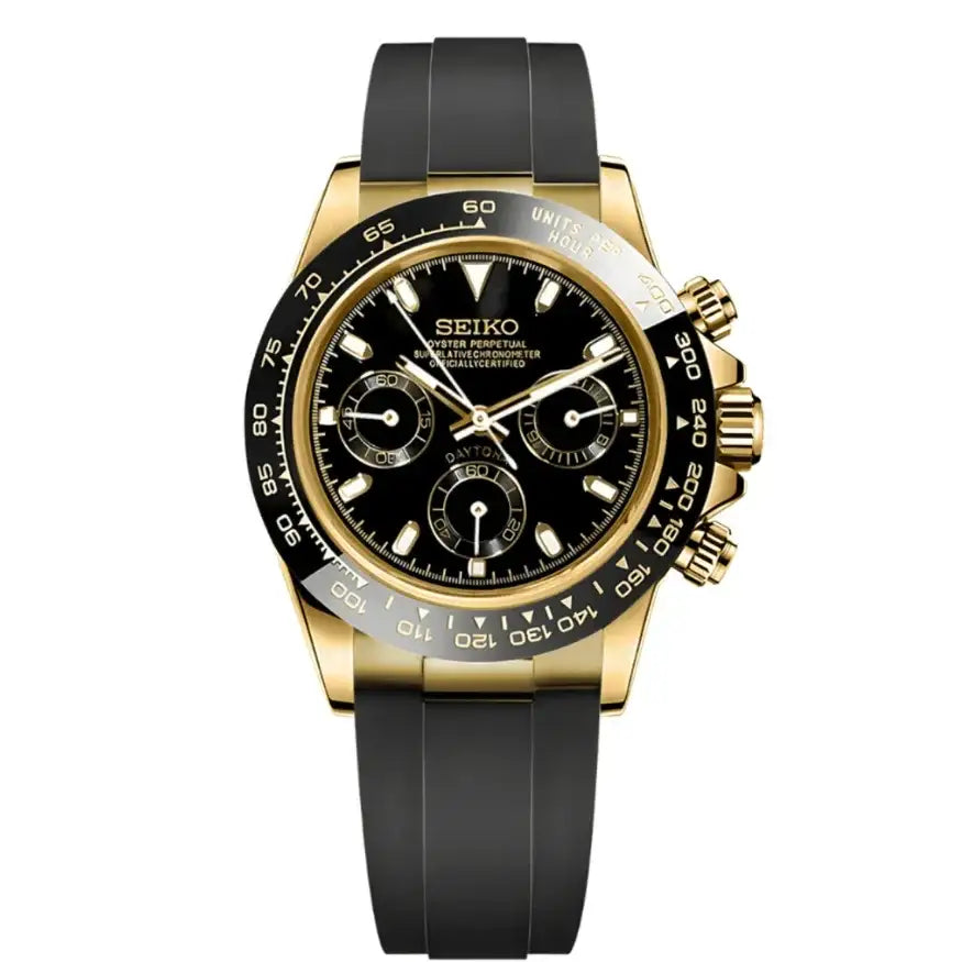 Gold and black Seiko mod chronograph watch with black rubber strap and sapphire crystal.
