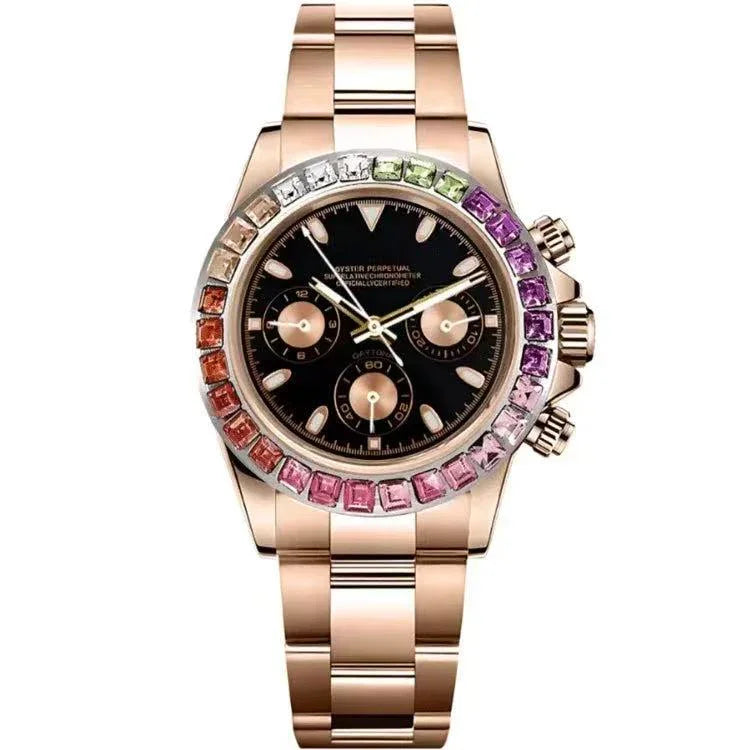 Rose gold luxury chronograph watch with rainbow gemstone bezel and black dial
