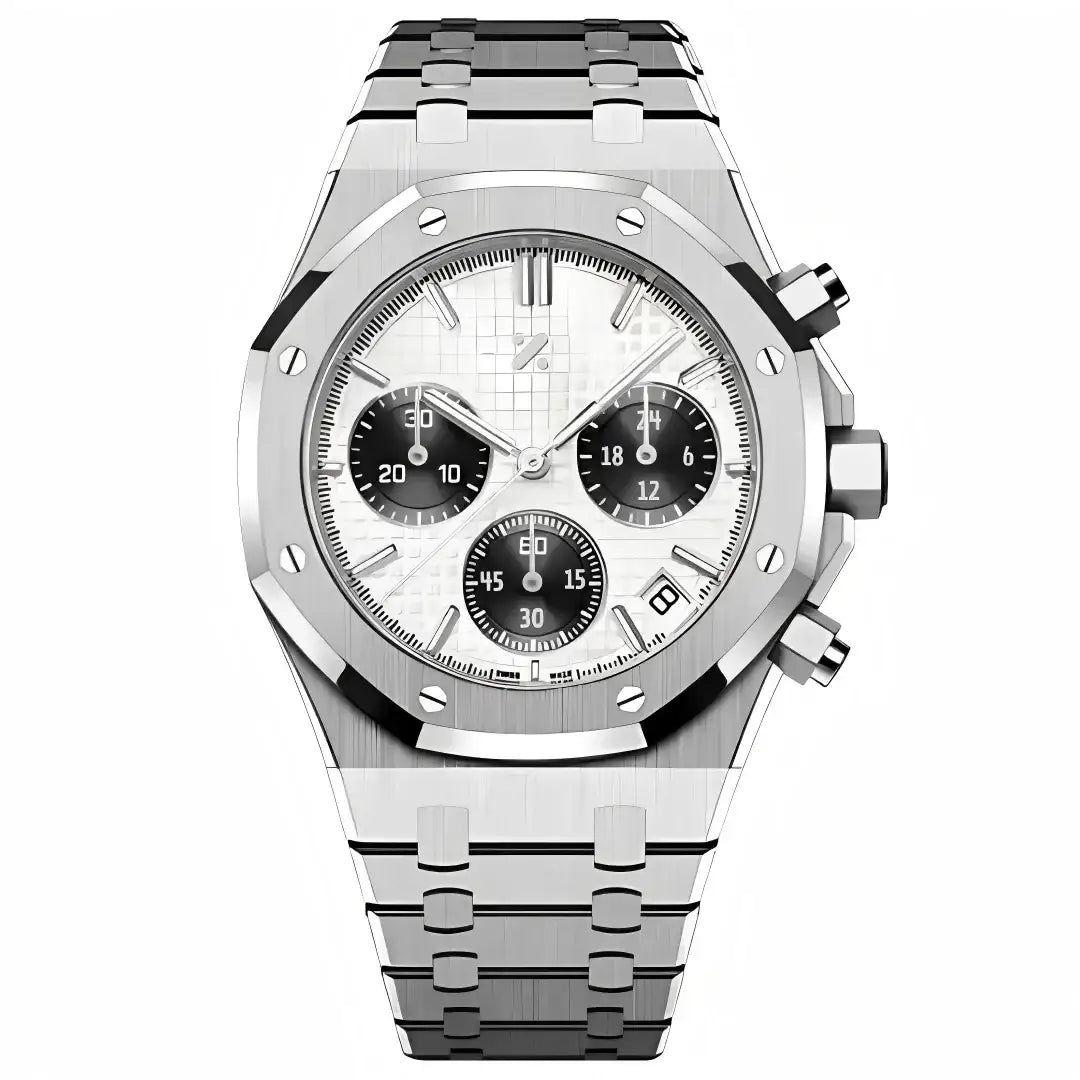 Luxury stainless steel chronograph watch with black subdials and silver bracelet on white