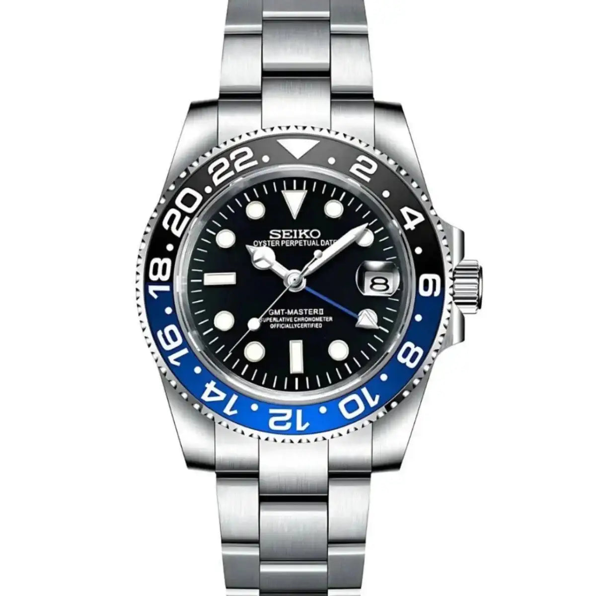 Seiko mod GMT watch with black and blue bezel, stainless steel bracelet, and date display