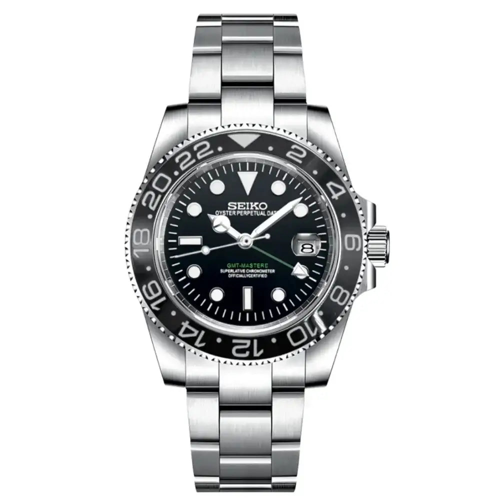 Stainless steel Seiko mod GMT watch with black bezel, black dial, and date display