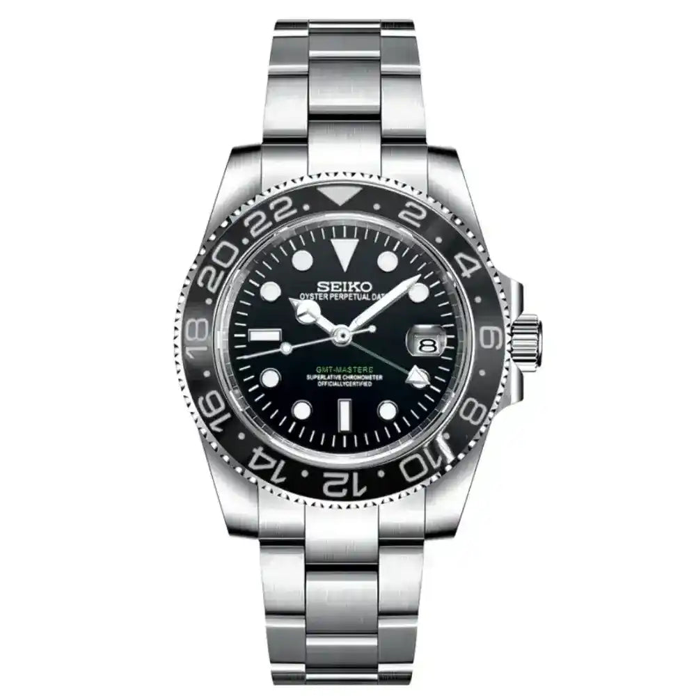 Stainless steel Seiko mod GMT watch with black bezel, black dial, and date display