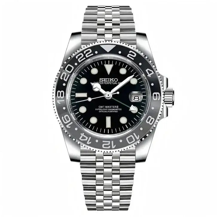 Seiko mod watch with black GMT bezel, black dial, luminous markers, and stainless steel bracelet
