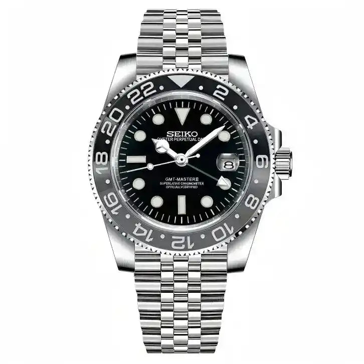 Seiko mod watch with black GMT bezel, black dial, luminous markers, and stainless steel bracelet