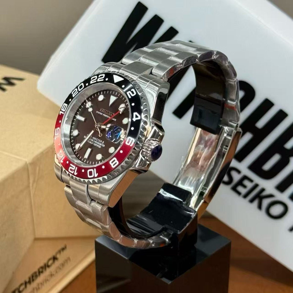 Seiko mod GMT Coke bezel watch with stainless steel bracelet and dual time display