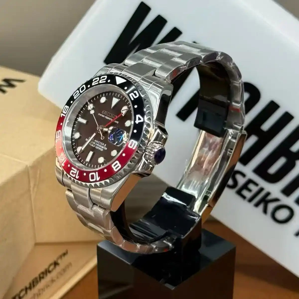 Seiko mod GMT Coke bezel watch with stainless steel bracelet and dual time display