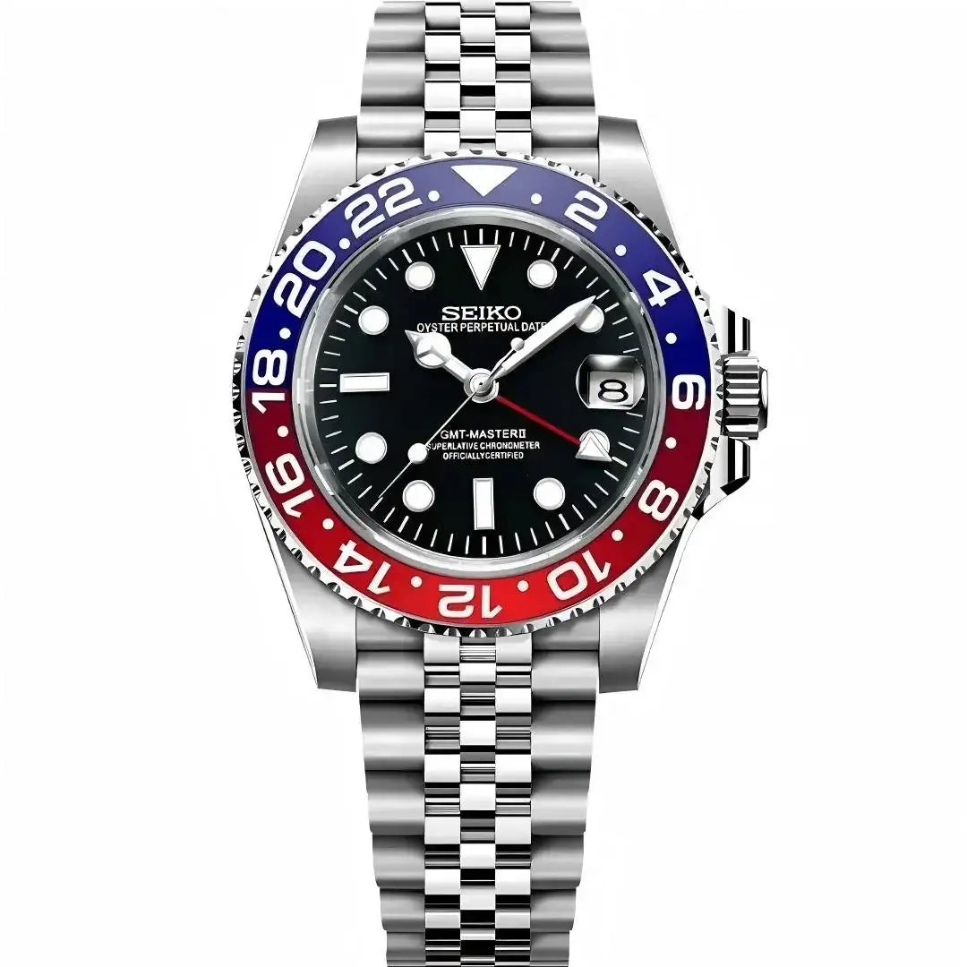 Seiko mod GMT watch with black dial, dual time red-blue bezel, and stainless steel bracelet