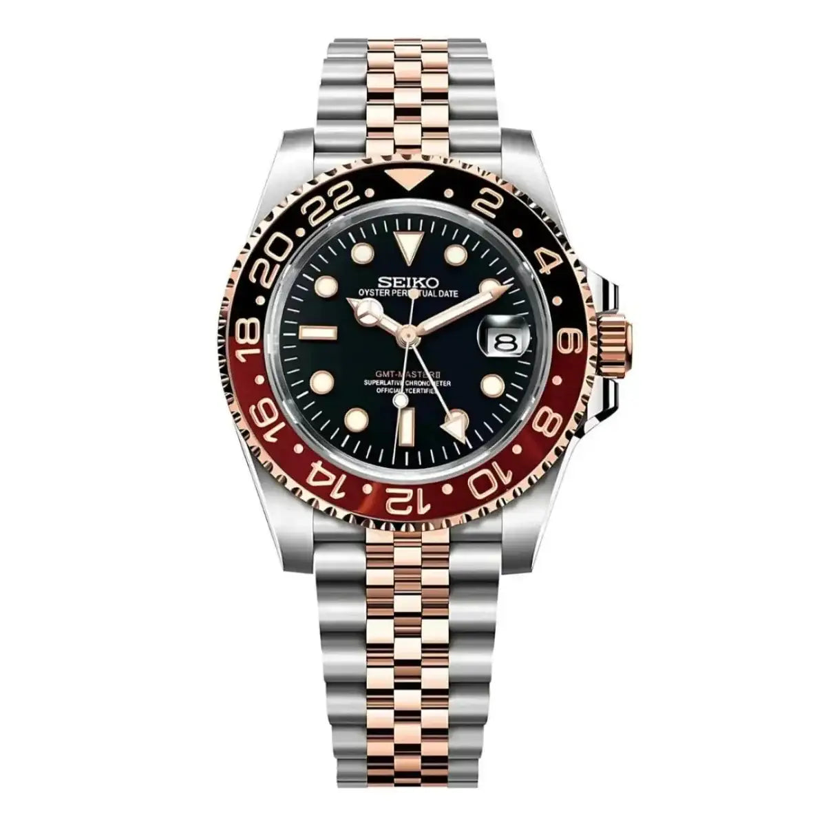 Two-tone Seiko mod GMT watch with black dial, root beer bezel, and jubilee bracelet.