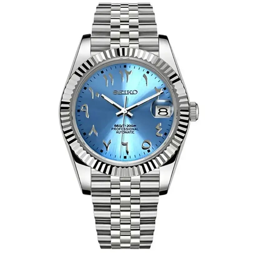 Stainless steel Seiko mod watch with ice blue dial, Arabic numerals, and jubilee bracelet.