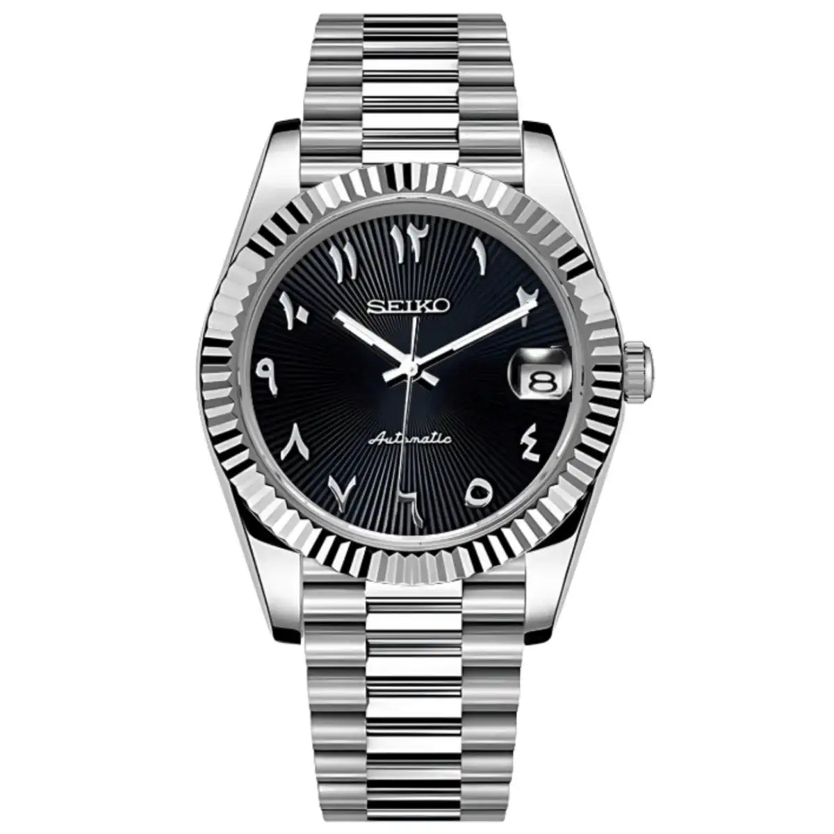 Silver Seiko mod watch with black dial, Arabic numerals, date window, and stainless steel band