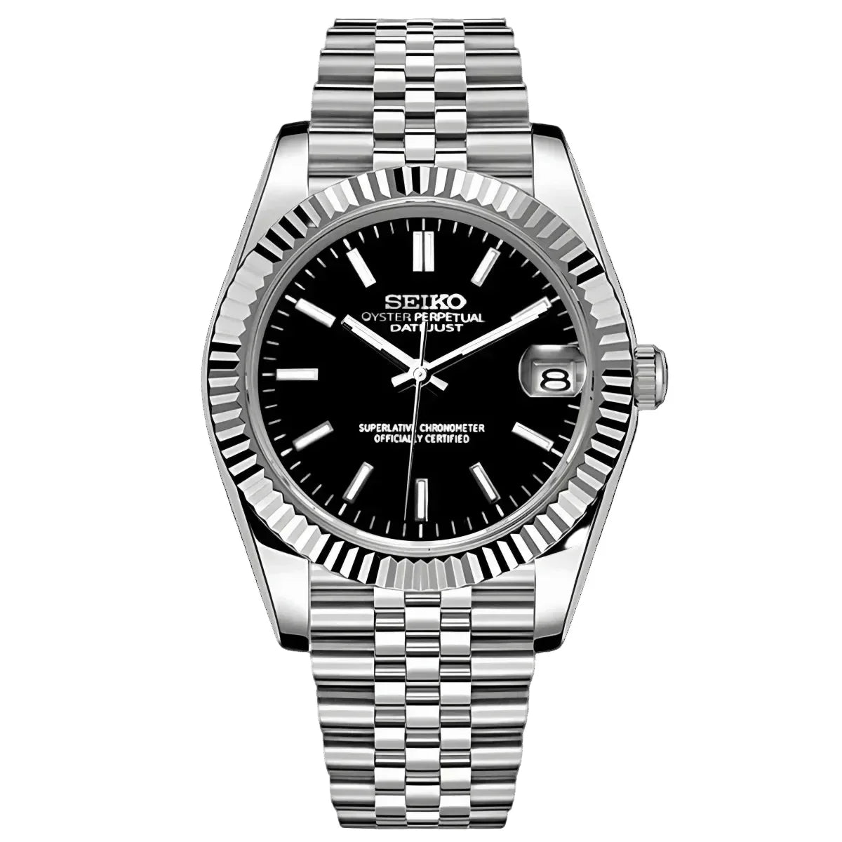 Classic Seiko mod watch with black dial, date window, and stainless steel bracelet