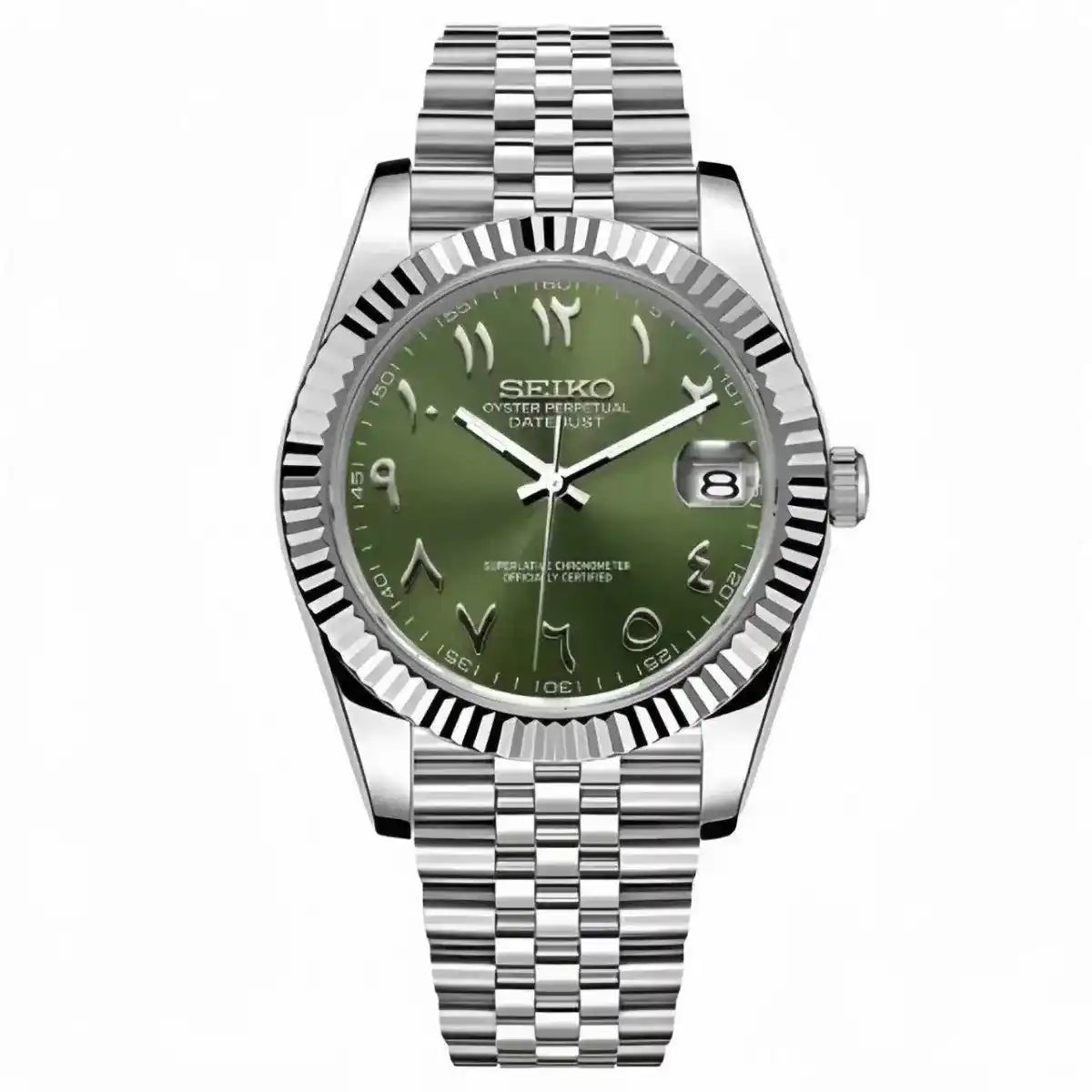 Green sunburst Arabic dial Seiko mod watch with date window and stainless steel bracelet