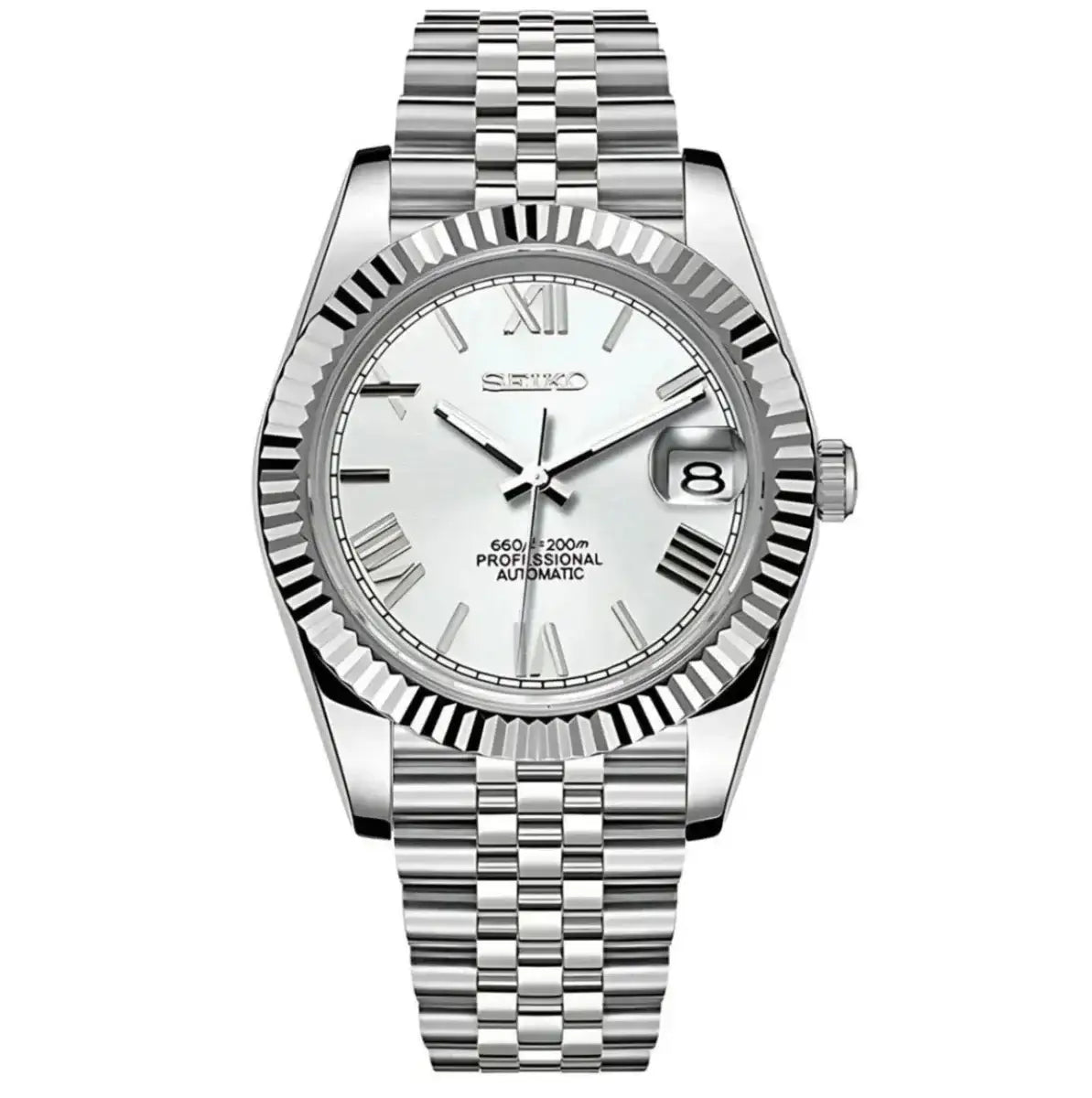 Silver Seiko mod watch with white Roman dial, fluted bezel, and stainless steel bracelet.
