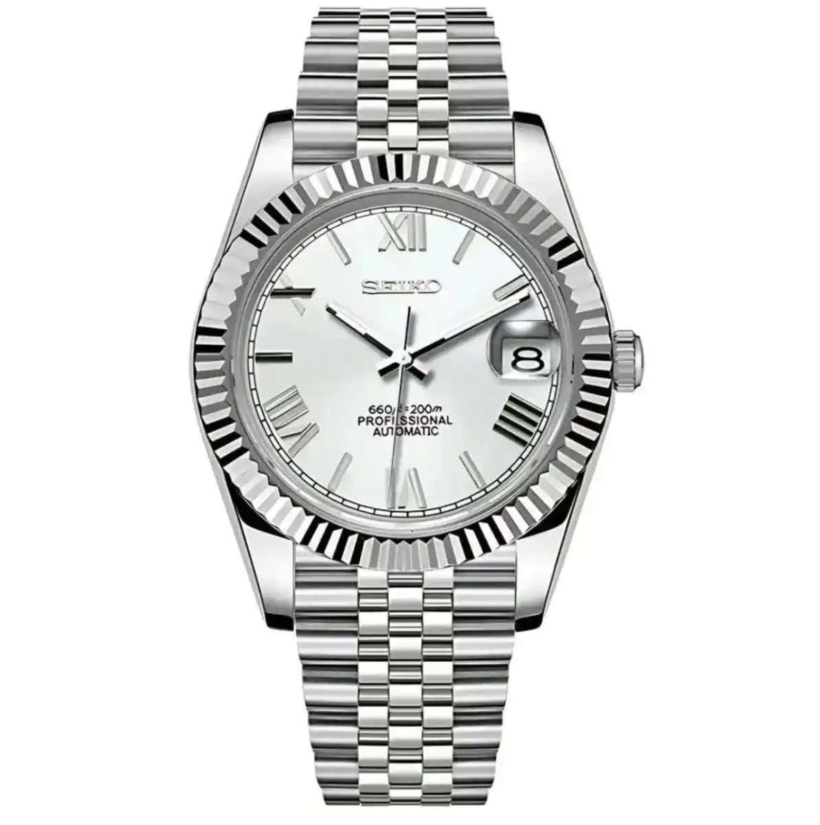 Silver Seiko mod watch with white Roman dial, fluted bezel, and stainless steel bracelet.