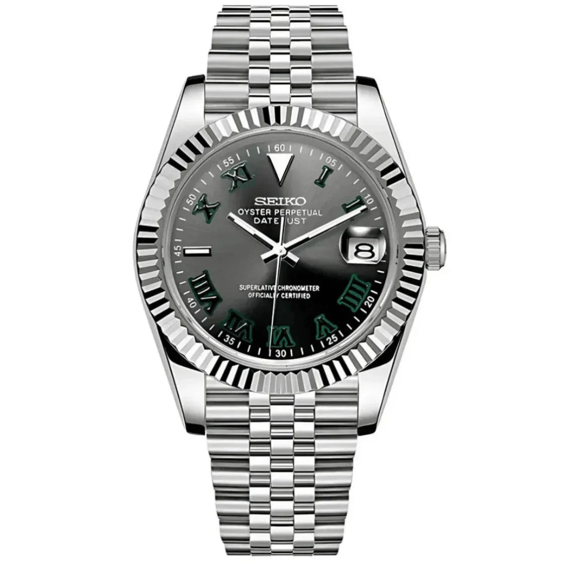 Seiko mod automatic watch with black dial, green Roman numerals, and stainless steel bracelet