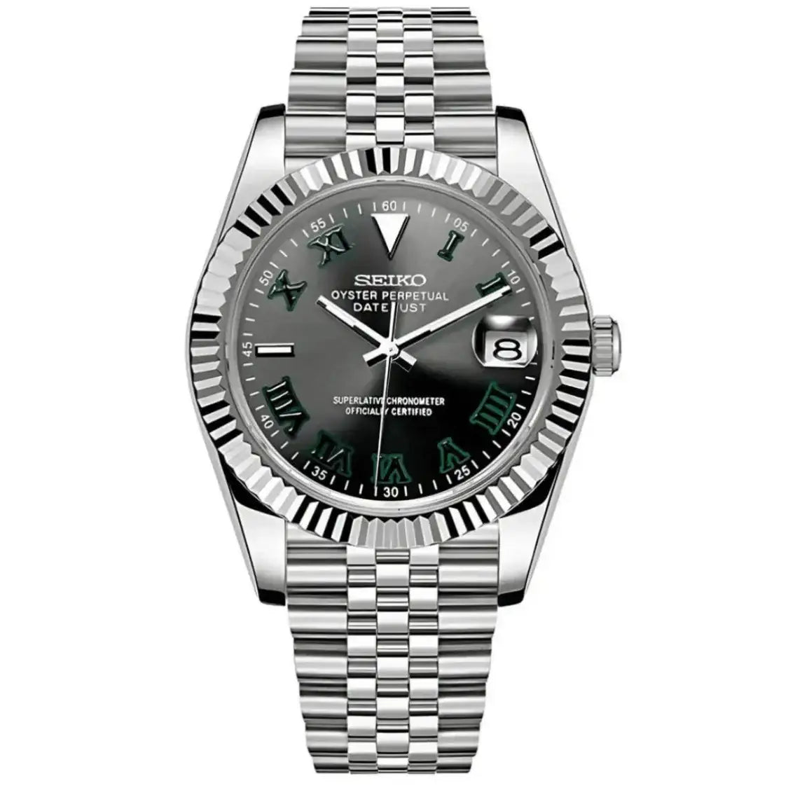 Seiko mod automatic watch with black dial, green Roman numerals, and stainless steel bracelet