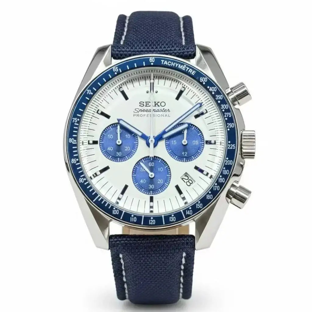 Seiko VK63 mod chronograph watch with blue bezel, white dial, and blue subdials on nylon strap
