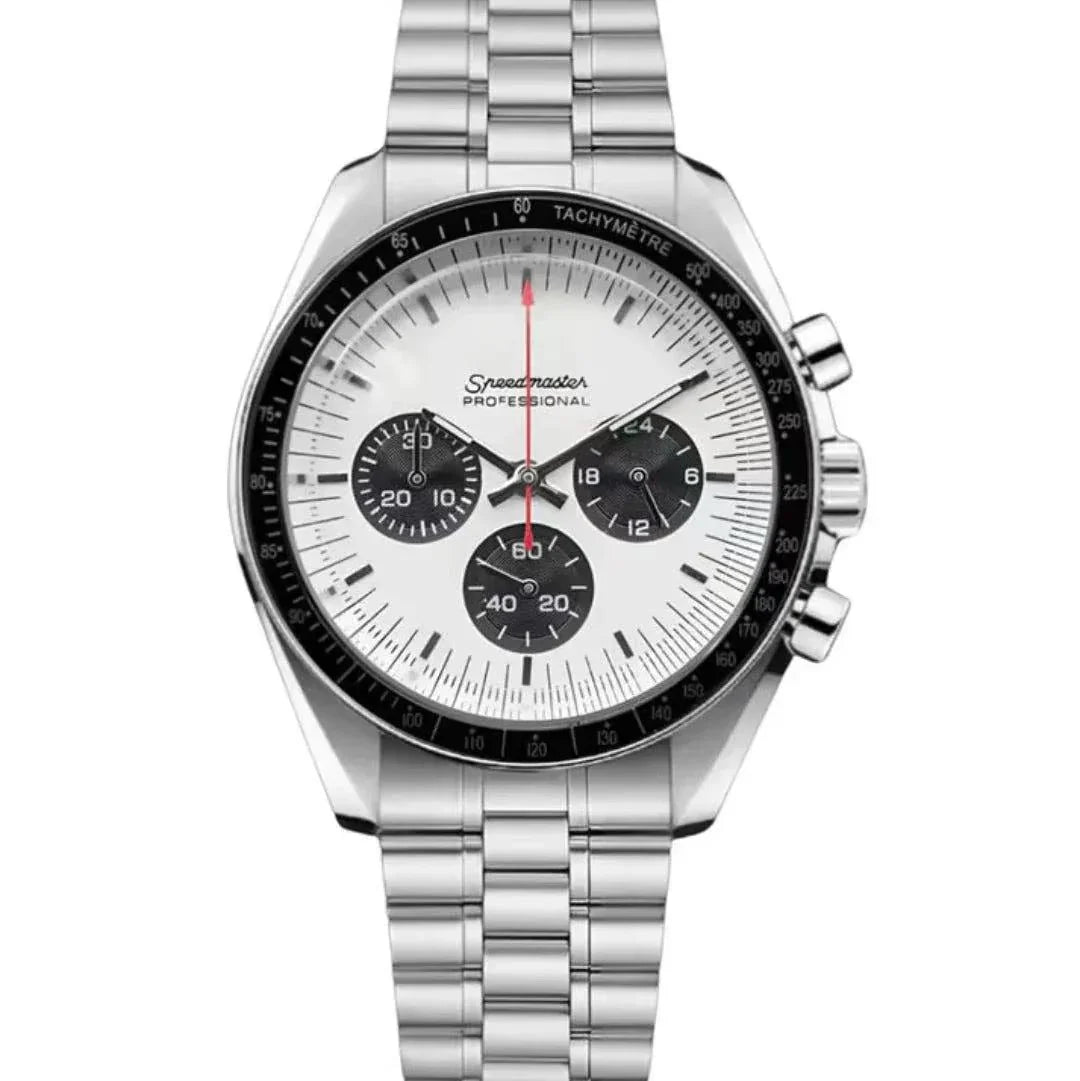 White panda dial chronograph watch with black bezel, three subdials, and stainless steel bracelet
